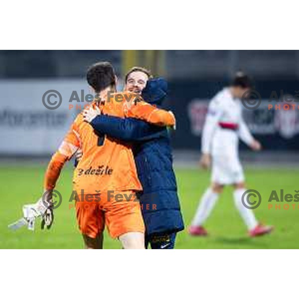 Zan Luk Leban and Rudi Vancas Pozeg celebrate victory during Prva liga Telemach 2025/26 football match between NK Celje and NK Primorje in Stadion z’dezele, Celje, Slovenia on December 7, 2025. Photo: Jure Banfi