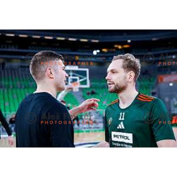 Edo Muric and Jaka Blazic before start of the AdmiralBet ABA League 2025/2026 basketball match between Cedevita Olimpija and Perspektiva Ilirija in SRC Stozice, Ljubljana, Slovenia on December 7, 2025