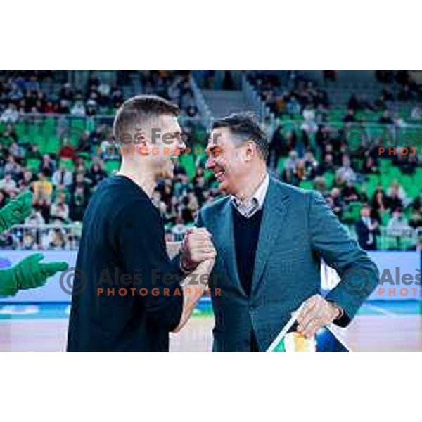 Edo Muric and Davor Uzbinec before start of the AdmiralBet ABA League 2025/2026 basketball match between Cedevita Olimpija and Perspektiva Ilirija in SRC Stozice, Ljubljana, Slovenia on December 7, 2025