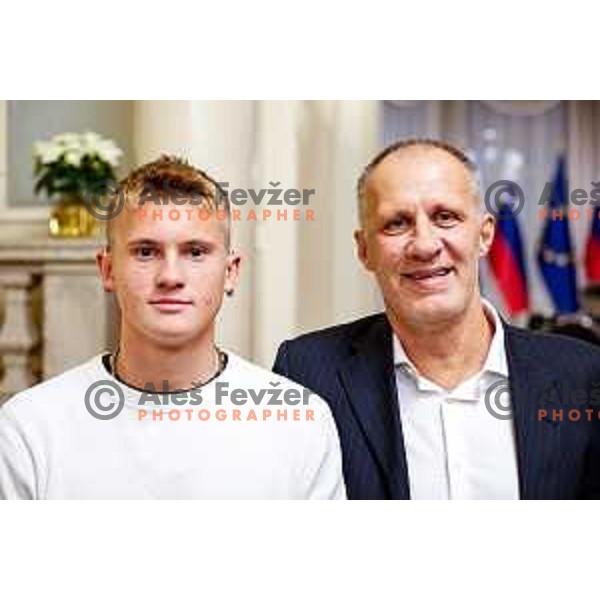 Para-Swimmer Alessandro Ambrozic and his coach Nace Majcen during Reception for Best Slovenian Sportswoman and Sportsman held by President of Slovenia in Ljubljana, Slovenia on December 9, 2025 