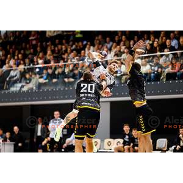 in action during quarter-final of Slovenian Handball Cup match between Trimo Trebnje and Gorenje Velenje in Trebnje, Slovenia on December 10, 2025