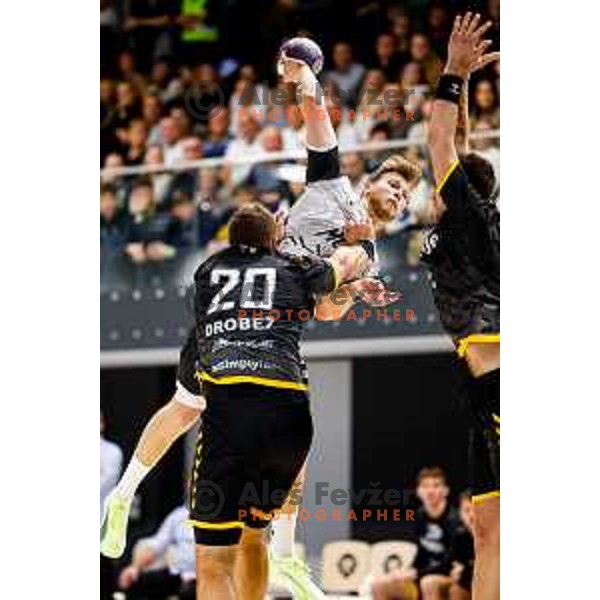 in action during quarter-final of Slovenian Handball Cup match between Trimo Trebnje and Gorenje Velenje in Trebnje, Slovenia on December 10, 2025