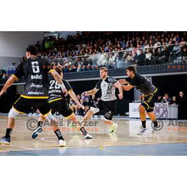 in action during quarter-final of Slovenian Handball Cup match between Trimo Trebnje and Gorenje Velenje in Trebnje, Slovenia on December 10, 2025