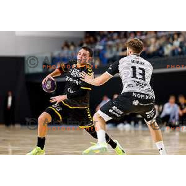 in action during quarter-final of Slovenian Handball Cup match between Trimo Trebnje and Gorenje Velenje in Trebnje, Slovenia on December 10, 2025