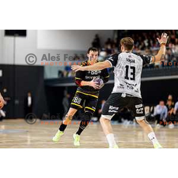 in action during quarter-final of Slovenian Handball Cup match between Trimo Trebnje and Gorenje Velenje in Trebnje, Slovenia on December 10, 2025