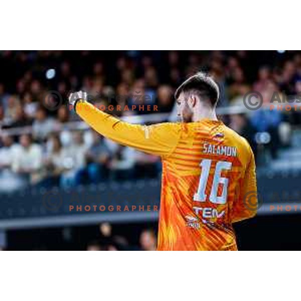 in action during quarter-final of Slovenian Handball Cup match between Trimo Trebnje and Gorenje Velenje in Trebnje, Slovenia on December 10, 2025