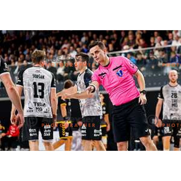 in action during quarter-final of Slovenian Handball Cup match between Trimo Trebnje and Gorenje Velenje in Trebnje, Slovenia on December 10, 2025