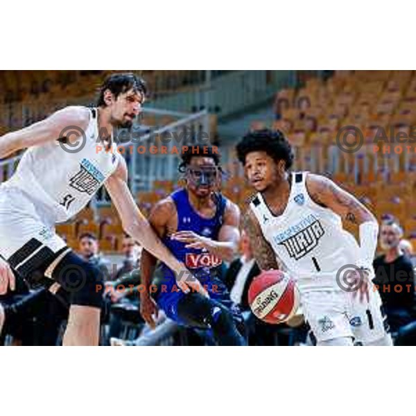 Wendell Green Jr. and Kevin Ferrell in action during AdmiralBet ABA League 2025/2026 basketball match between Perspektiva Ilirija and Buducnost VOLI in Tivoli Hall, Ljubljana, Slovenia on December 13, 2025 