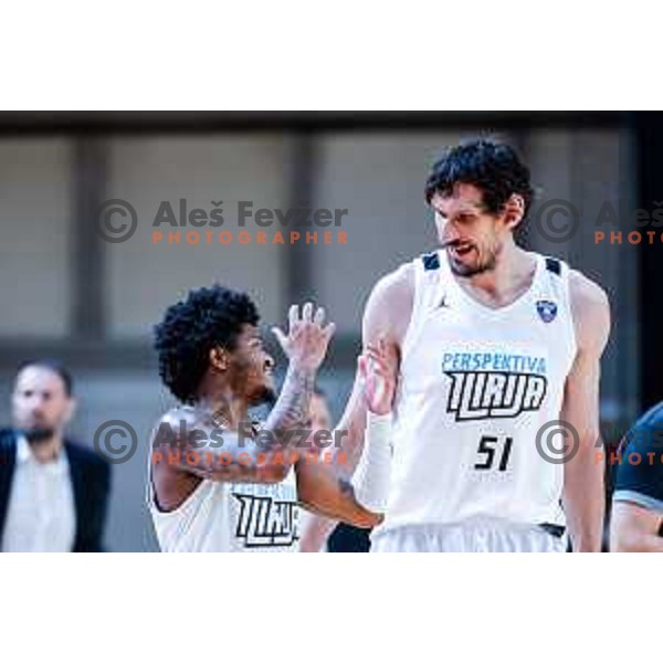 Wendell Green Jr. and Boban Marjanovic during AdmiralBet ABA League 2025/2026 basketball match between Perspektiva Ilirija and Buducnost VOLI in Tivoli Hall, Ljubljana, Slovenia on December 13, 2025