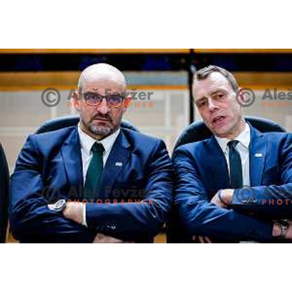 Zvezdan Mitrovic and Djordje Adzic during AdmiralBet ABA League 2025/2026 basketball match between Cedevita Olimpija (SLO) and Bosna BH Telecom (BiH) in Tivoli Hall, Ljubljana, Slovenia on December 13, 2025