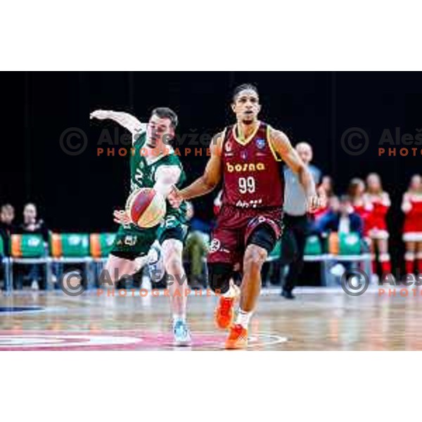 Joseph Girard III and Alfonso Plummer in action during AdmiralBet ABA League 2025/2026 basketball match between Cedevita Olimpija (SLO) and Bosna BH Telecom (BiH) in Tivoli Hall, Ljubljana, Slovenia on December 13, 2025