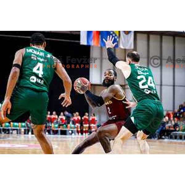 Michael Young and David Skara in action during AdmiralBet ABA League 2025/2026 basketball match between Cedevita Olimpija (SLO) and Bosna BH Telecom (BiH) in Tivoli Hall, Ljubljana, Slovenia on December 13, 2025