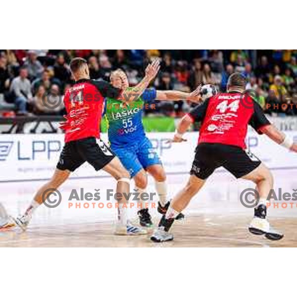 Ziga Mlakar of RK Celje Pivovarna Laskoin action during 1.NLB handball match between LL Grosist Slovan and RK Celje PL in Kodeljevo Hall, Ljubljana, Slovenia on December 13th, 2025.