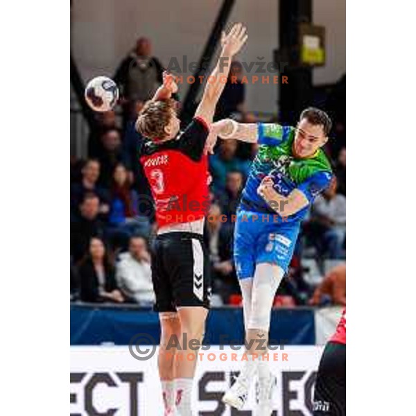Uros Milicevic of RK Celje Pivovarna Lasko in action during 1.NLB handball match between LL Grosist Slovan and RK Celje PL in Kodeljevo Hall, Ljubljana, Slovenia on December 13th, 2025.