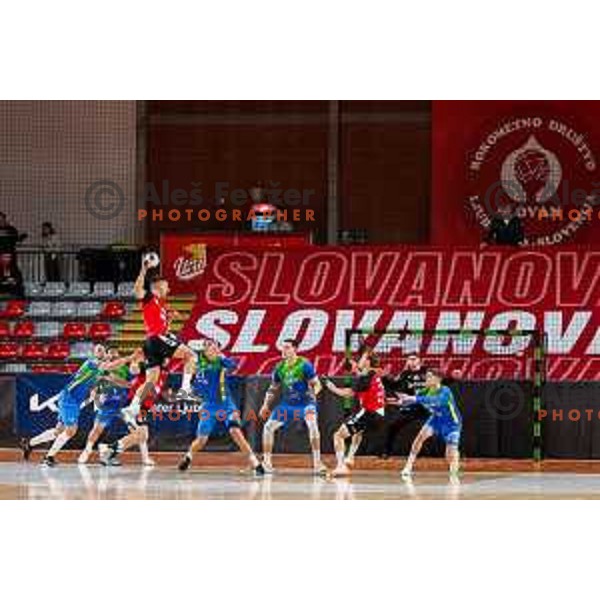 in action during 1.NLB handball match between LL Grosist Slovan and RK Celje PL in Kodeljevo Hall, Ljubljana, Slovenia on December 13th, 2025.