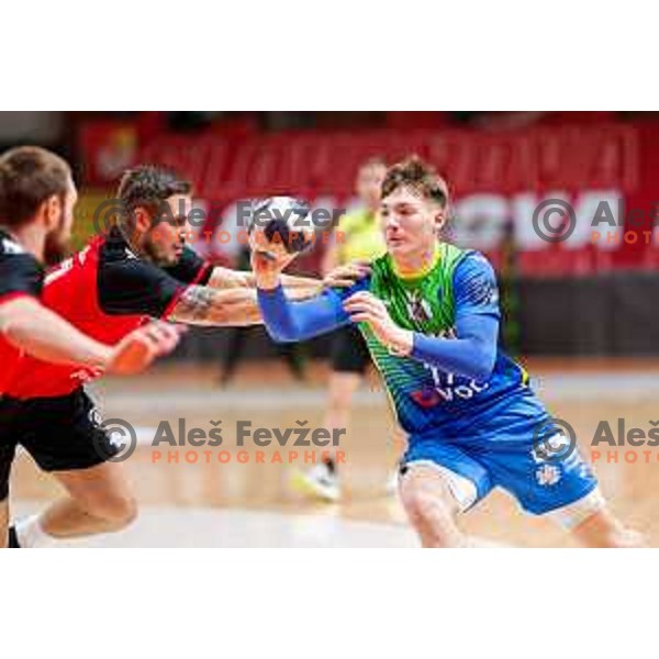 Aljus Anzic of RK Celje Pivovarna Lasko in action during 1.NLB handball match between LL Grosist Slovan and RK Celje PL in Kodeljevo Hall, Ljubljana, Slovenia on December 13th, 2025.