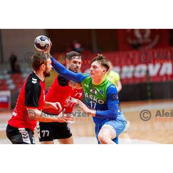 Aljus Anzic of RK Celje Pivovarna Lasko in action during 1.NLB handball match between LL Grosist Slovan and RK Celje PL in Kodeljevo Hall, Ljubljana, Slovenia on December 13th, 2025.