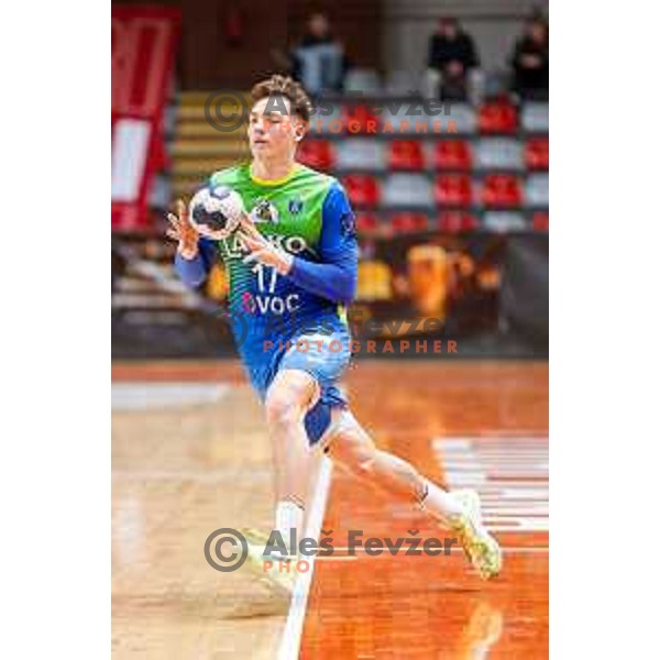 Aljus Anzic of RK Celje Pivovarna Lasko in action during 1.NLB handball match between LL Grosist Slovan and RK Celje PL in Kodeljevo Hall, Ljubljana, Slovenia on December 13th, 2025.