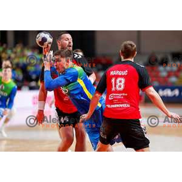 Luka Peric of RK Celje Pivovarna Lasko in action during 1.NLB handball match between LL Grosist Slovan and RK Celje PL in Kodeljevo Hall, Ljubljana, Slovenia on December 13th, 2025.