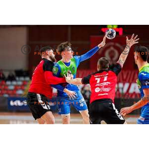 Aljus Anzic of RK Celje Pivovarna Lasko in action during 1.NLB handball match between LL Grosist Slovan and RK Celje PL in Kodeljevo Hall, Ljubljana, Slovenia on December 13th, 2025.