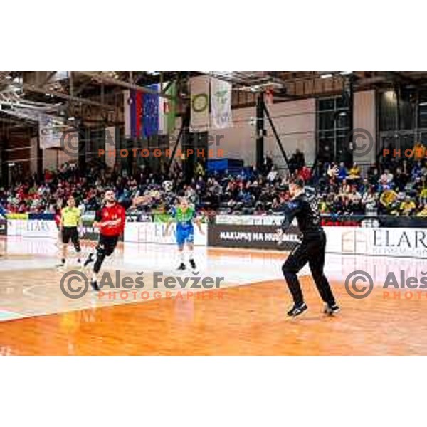 Bruno Vili Zobec of RD LL Grosist Slovan in action during 1.NLB handball match between LL Grosist Slovan and RK Celje PL in Kodeljevo Hall, Ljubljana, Slovenia on December 13th, 2025.
