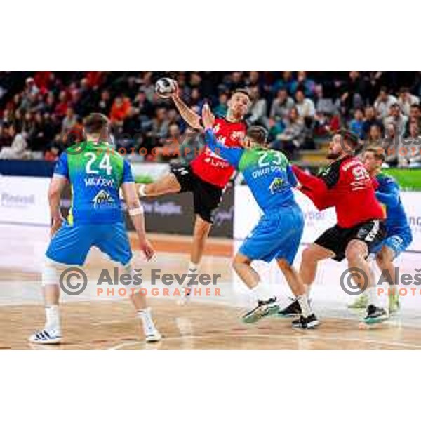 Leon Ljevar of RD LL Grosist Slovan in action during 1.NLB handball match between LL Grosist Slovan and RK Celje PL in Kodeljevo Hall, Ljubljana, Slovenia on December 13th, 2025.