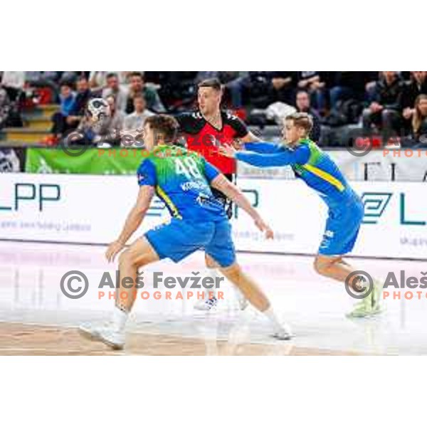 Leon Ljevar of RD LL Grosist Slovan in action during 1.NLB handball match between LL Grosist Slovan and RK Celje PL in Kodeljevo Hall, Ljubljana, Slovenia on December 13th, 2025.