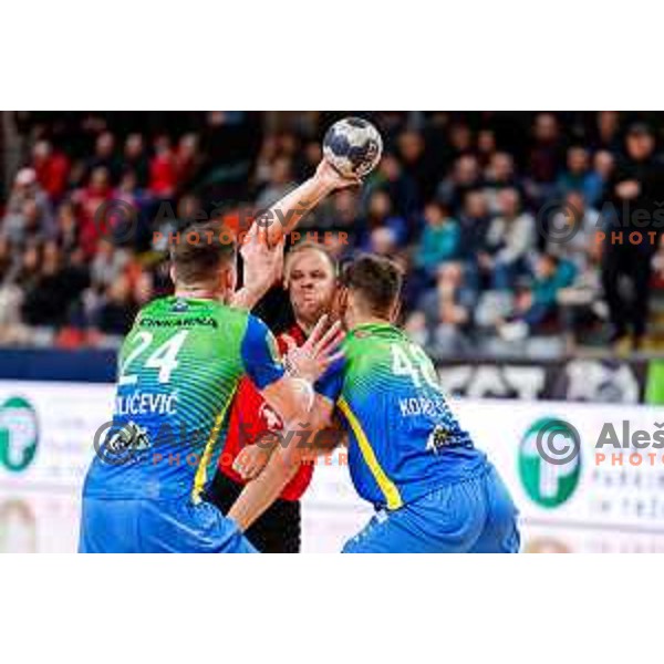 in action during 1.NLB handball match between LL Grosist Slovan and RK Celje PL in Kodeljevo Hall, Ljubljana, Slovenia on December 13th, 2025.
