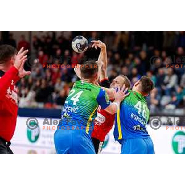 in action during 1.NLB handball match between LL Grosist Slovan and RK Celje PL in Kodeljevo Hall, Ljubljana, Slovenia on December 13th, 2025.