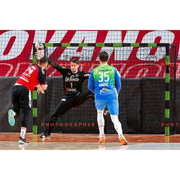 Jan Cesek of RK Celje Pivovarna Lasko in action during 1.NLB handball match between LL Grosist Slovan and RK Celje PL in Kodeljevo Hall, Ljubljana, Slovenia on December 13th, 2025.
