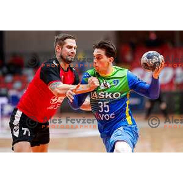 Andraz Makuc of RK Celje Pivovarna Lasko in action during 1.NLB handball match between LL Grosist Slovan and RK Celje PL in Kodeljevo Hall, Ljubljana, Slovenia on December 13th, 2025.