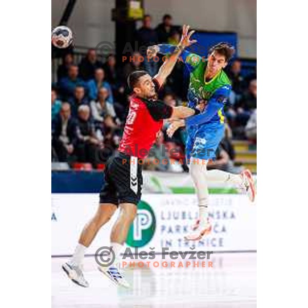in action during 1.NLB handball match between LL Grosist Slovan and RK Celje PL in Kodeljevo Hall, Ljubljana, Slovenia on December 13th, 2025.
