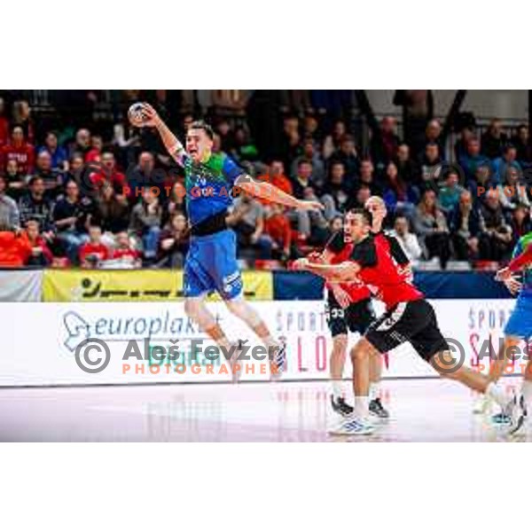 Uros Milicevic of RK Celje Pivovarna Lasko in action during 1.NLB handball match between LL Grosist Slovan and RK Celje PL in Kodeljevo Hall, Ljubljana, Slovenia on December 13th, 2025.