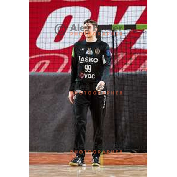 Gal Gabersek of RK Celje Pivovarna Lasko in action during 1.NLB handball match between LL Grosist Slovan and RK Celje PL in Kodeljevo Hall, Ljubljana, Slovenia on December 13th, 2025.