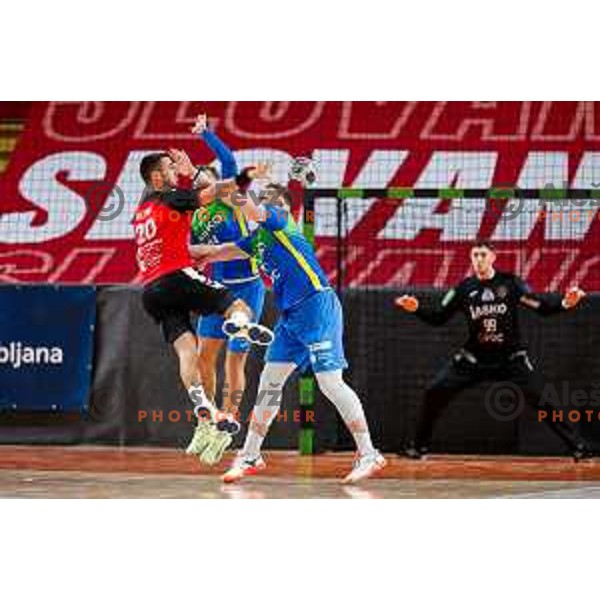 Tarik Mlivic of RD LL Grosist Slovan in action during 1.NLB handball match between LL Grosist Slovan and RK Celje PL in Kodeljevo Hall, Ljubljana, Slovenia on December 13th, 2025.