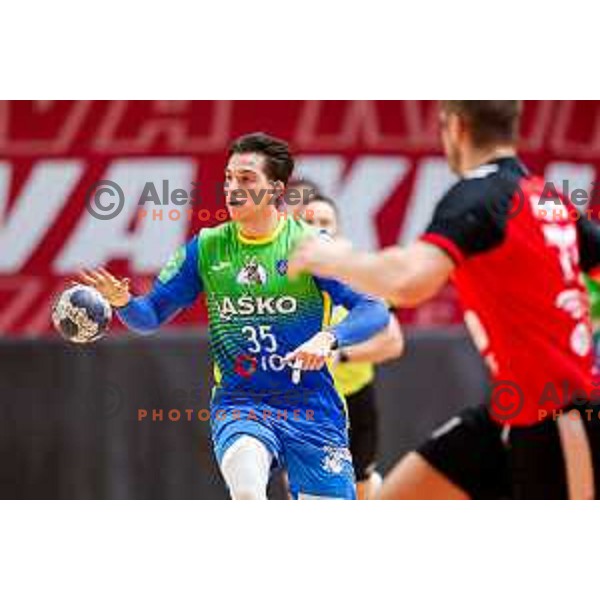Andraz Makuc of RK Celje Pivovarna Lasko in action during 1.NLB handball match between LL Grosist Slovan and RK Celje PL in Kodeljevo Hall, Ljubljana, Slovenia on December 13th, 2025.