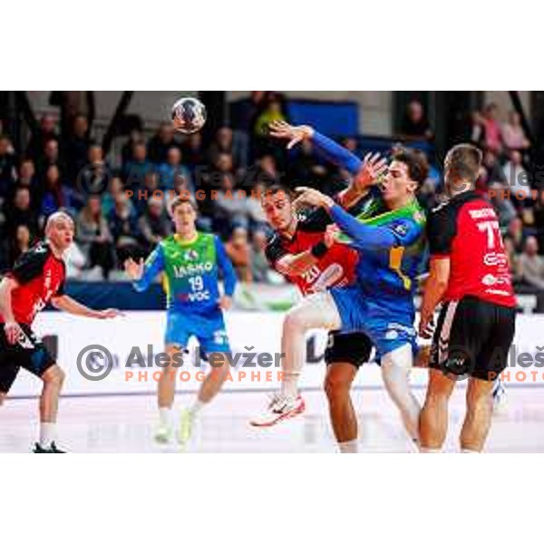 in action during 1.NLB handball match between LL Grosist Slovan and RK Celje PL in Kodeljevo Hall, Ljubljana, Slovenia on December 13th, 2025.