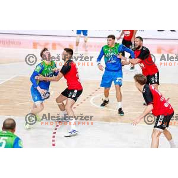 Aljus Anzic of RK Celje Pivovarna Lasko in action during 1.NLB handball match between LL Grosist Slovan and RK Celje PL in Kodeljevo Hall, Ljubljana, Slovenia on December 13th, 2025.