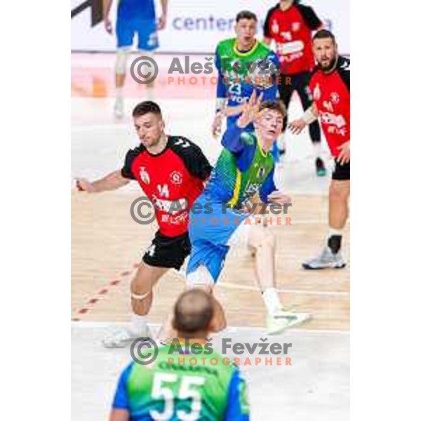 Aljus Anzic of RK Celje Pivovarna Lasko in action during 1.NLB handball match between LL Grosist Slovan and RK Celje PL in Kodeljevo Hall, Ljubljana, Slovenia on December 13th, 2025.