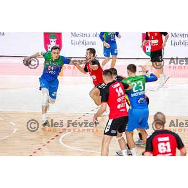 Uros Milicevic of RK Celje Pivovarna Lasko in action during 1.NLB handball match between LL Grosist Slovan and RK Celje PL in Kodeljevo Hall, Ljubljana, Slovenia on December 13th, 2025.