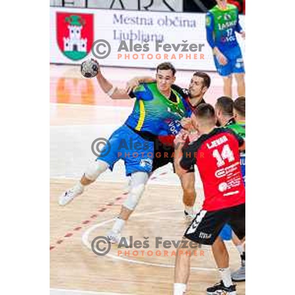 Uros Milicevic of RK Celje Pivovarna Lasko in action during 1.NLB handball match between LL Grosist Slovan and RK Celje PL in Kodeljevo Hall, Ljubljana, Slovenia on December 13th, 2025.