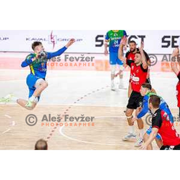 Aljus Anzic of RK Celje Pivovarna Lasko in action during 1.NLB handball match between LL Grosist Slovan and RK Celje PL in Kodeljevo Hall, Ljubljana, Slovenia on December 13th, 2025.