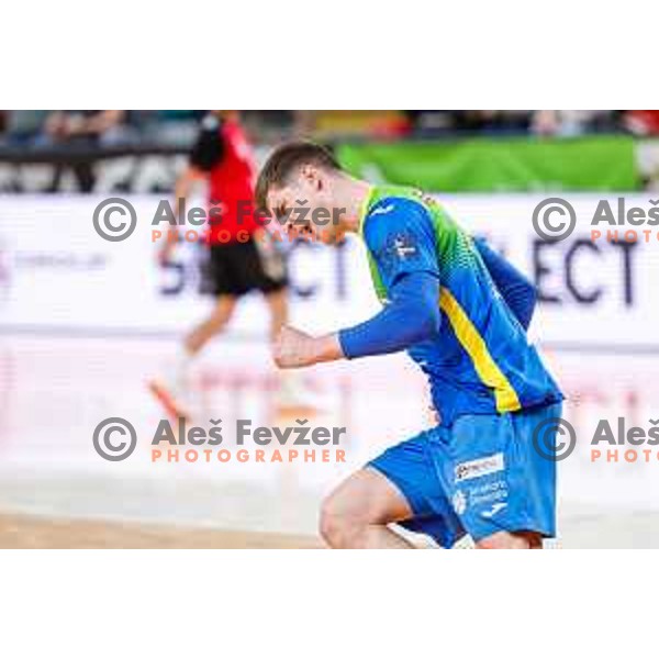 Tadej Mazej of RK Celje Pivovarna Lasko in action during 1.NLB handball match between LL Grosist Slovan and RK Celje PL in Kodeljevo Hall, Ljubljana, Slovenia on December 13th, 2025.