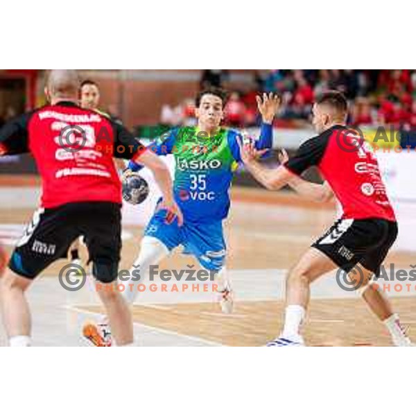 Andraz Makuc of RK Celje Pivovarna Lasko in action during 1.NLB handball match between LL Grosist Slovan and RK Celje PL in Kodeljevo Hall, Ljubljana, Slovenia on December 13th, 2025.