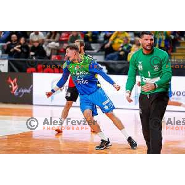Oleksander Unufriienko of RK Celje Pivovarna Lasko in action during 1.NLB handball match between LL Grosist Slovan and RK Celje PL in Kodeljevo Hall, Ljubljana, Slovenia on December 13th, 2025.