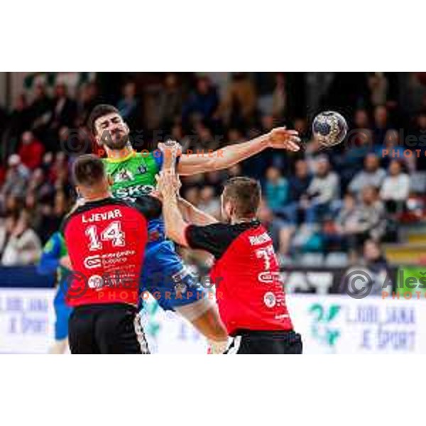 in action during 1.NLB handball match between LL Grosist Slovan and RK Celje PL in Kodeljevo Hall, Ljubljana, Slovenia on December 13th, 2025.