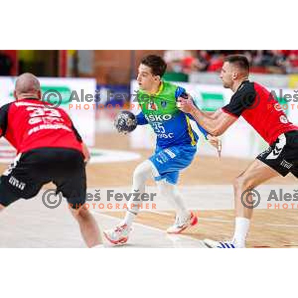 in action during 1.NLB handball match between LL Grosist Slovan and RK Celje PL in Kodeljevo Hall, Ljubljana, Slovenia on December 13th, 2025.