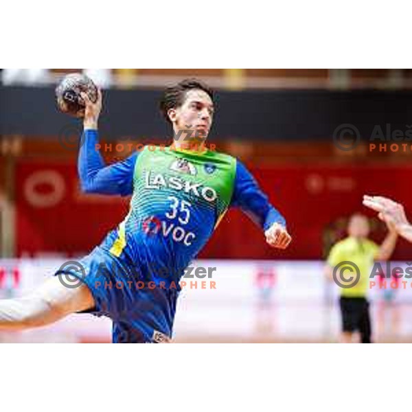 Andraz Makuc of RK Celje Pivovarna Lasko in action during 1.NLB handball match between LL Grosist Slovan and RK Celje PL in Kodeljevo Hall, Ljubljana, Slovenia on December 13th, 2025.