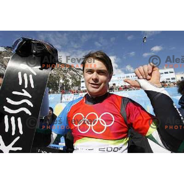 Rok Flander of Slovenia Olympic team competes in Men\'s Parallel Giant Slalom during Torino 2006 Winter Olympic games, Italy on February 22, 2006