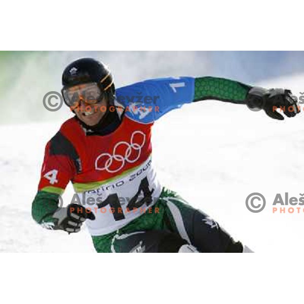 Dejan Kosir of Slovenia Olympic team competes in Men\'s Parallel Giant Slalom during Torino 2006 Winter Olympic games, Italy on February 22, 2006